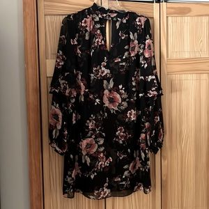 Floral print cocktail dress, ruffle blouson. Double layer with sheer overlay.